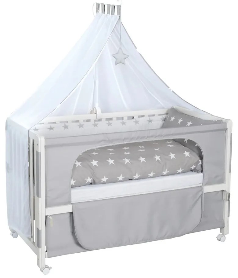 Biela postieľka na kolieskach s baldachýnom 60x120 cm Little stars – Roba