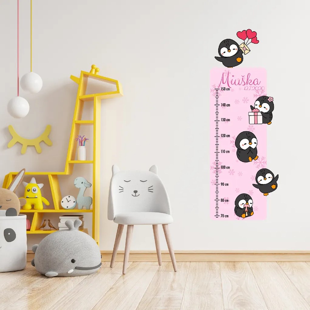 50x120cm Detský meter s menom - Tučniaky - textilná nálepka na stenu