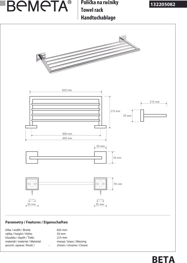 Bemeta Design BETA: Držiak uterákov, 600 mm - 132205082