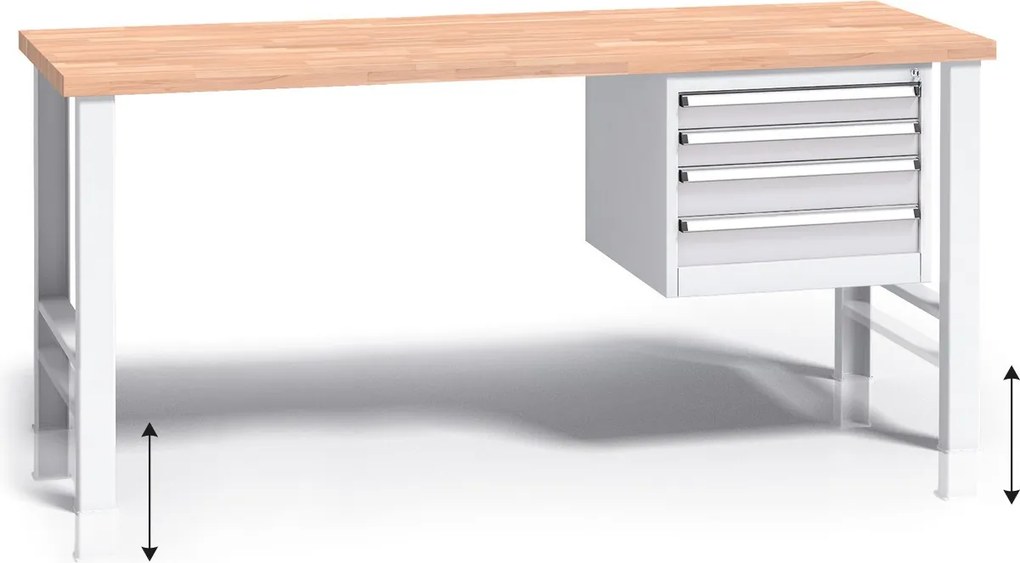Výškovo nastaviteľný pracovný stôl do dielne G3 so závesným boxom na náradie, buková škárovka, 4 zásuvky, 1700 x 685 x 840 - 1050 mm, sivá