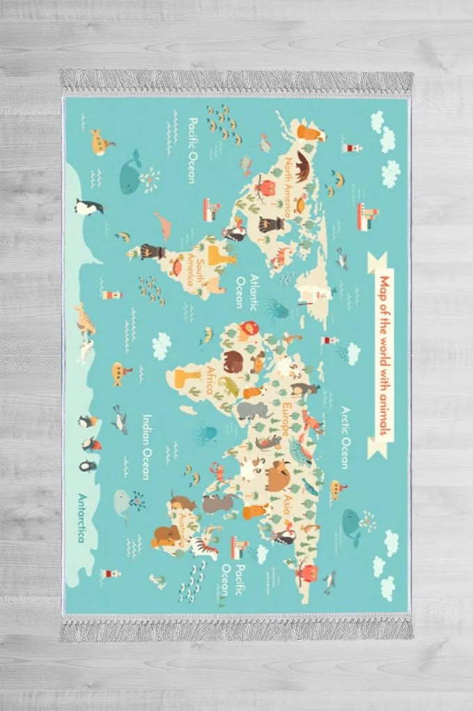 Detský koberček Mapa zvieracieho sveta 100x150 cm modrý