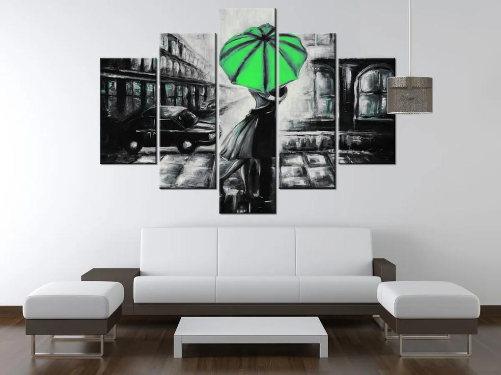 Gario Ručne maľovaný obraz Zelený bozk v daždi - 5 dielny Rozmery: 150 x 70 cm