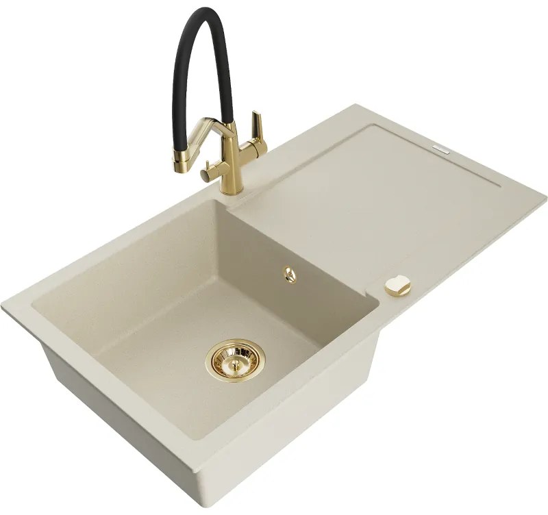 Mexen Leo, 1-komorový granitový drez 900x500x190 mm a drezová batéria Duo, béžová, 6501-69-671701-57-G