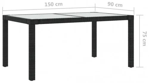 vidaXL Záhradný stôl 150x90x75 cm tvrdené sklo a polyratan čierny-