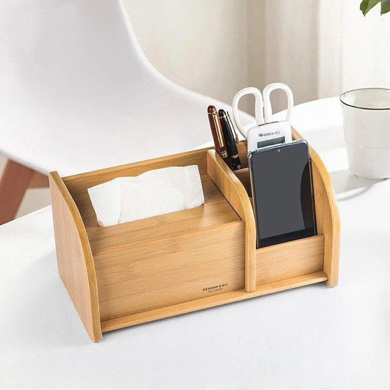 Kombinovaný drevený stojan na papierové vreckovky a písacie potreby svetlé drevo C2039