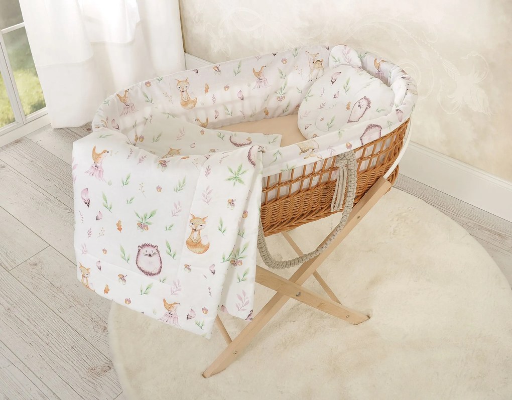 My Sweet Baby Mojžišov prútený kôš v štýle BOHO so stojanom s bavlnenou podšívkou - lesná mäkkosť