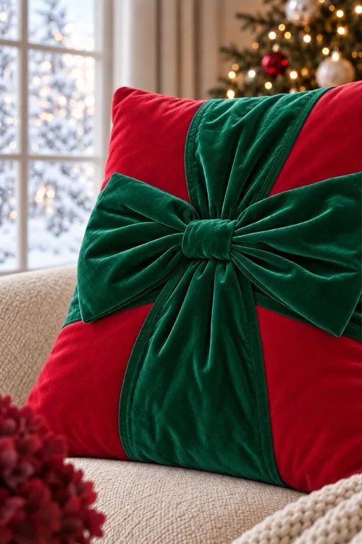 Velúrová obliečka na vankúš CHRISTMAS BOW červená 45x45 cm