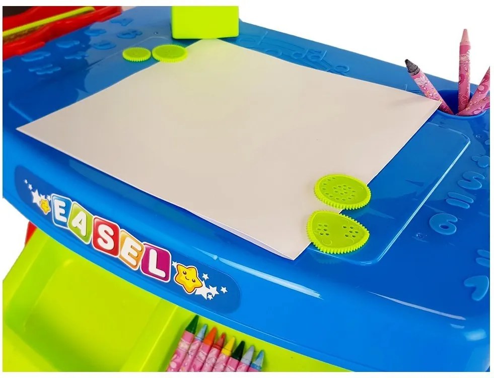 LEAN Toys Zásuvkový vzdelávací stôl s projektorom 36 obrázkov Pastelky Šablóny Modrá červená