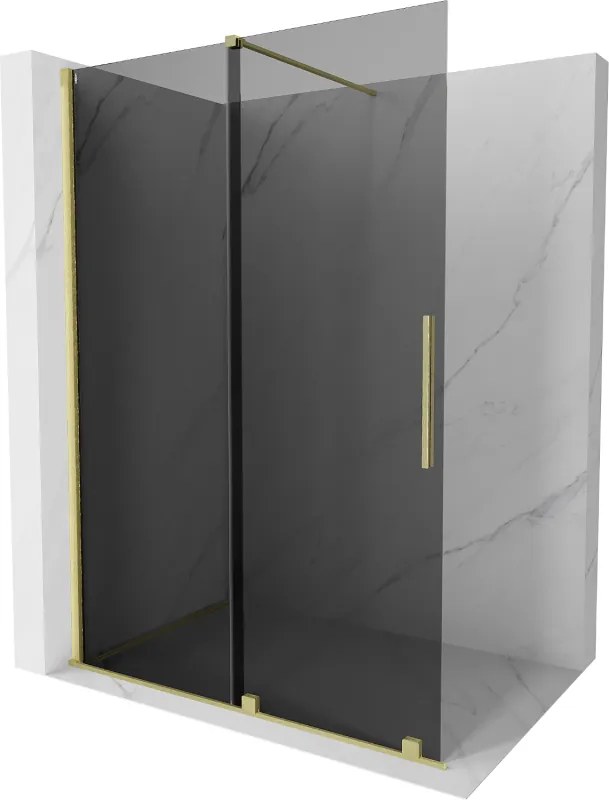 Mexen Velar, sprchová zástena s posuvnými dverami Walk-in 140 x 200 cm, 8mm šedé sklo, zlatá matná, 871-140-000-43-55