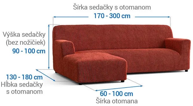 Bielastické poťahy COSTINA medená sedačka s otomanom vľavo (š. 170 - 300 cm)