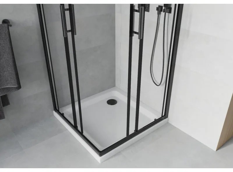 Mexen Rio, štvorcový sprchovací kút s posuvnými dverami 90(dvere) x 90(dvere) x 190 cm, 6mm číre sklo námraza, čierny profil + biela sprchová vanička SLIM, 860-090-090-70-00-4010B