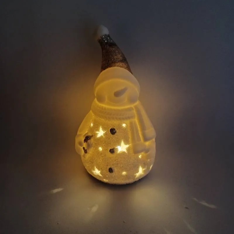 DECOLED Keramický sněhulák, 9,3 x 8,8 x 16,5 cm, teple bílá, 2xLR44