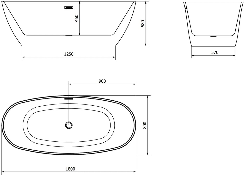 Mexen Eris, voľne stojaca vaňa 180 x 80 cm, biela-čierna, brúsený grafit prepad, 53441808075-95