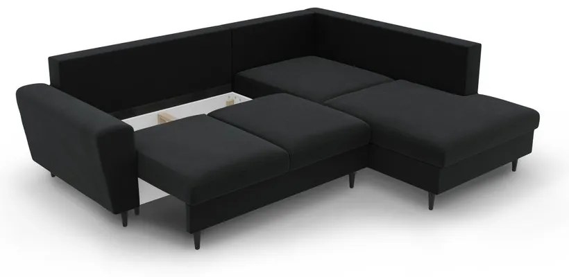 Čierna zamatová rozkladacia/s úložným priestorom rohová pohovka (pravý roh/do L) Kyoto – Cosmopolitan Design