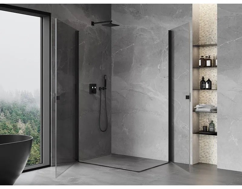 Mexen Mist-B Duo, 2-krídlový výklopný sprchový kút 90 x 85 cm, číre sklo, čierny profil, 8A2-090-085-70-00