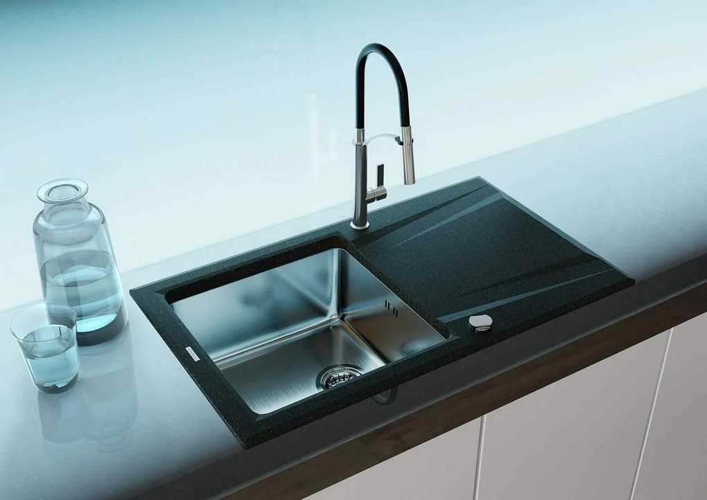Deante Prime, granitovo-nerezový drez 860x500x220 mm, 3,5" + priestorovo úsporný sifón, 1-komorový, grafitová metalíza, ZSR_G113