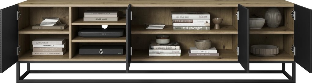 TV skrinka Asha 200 cm s otvorenými policami na podstavci - dub artisan / čierny mat