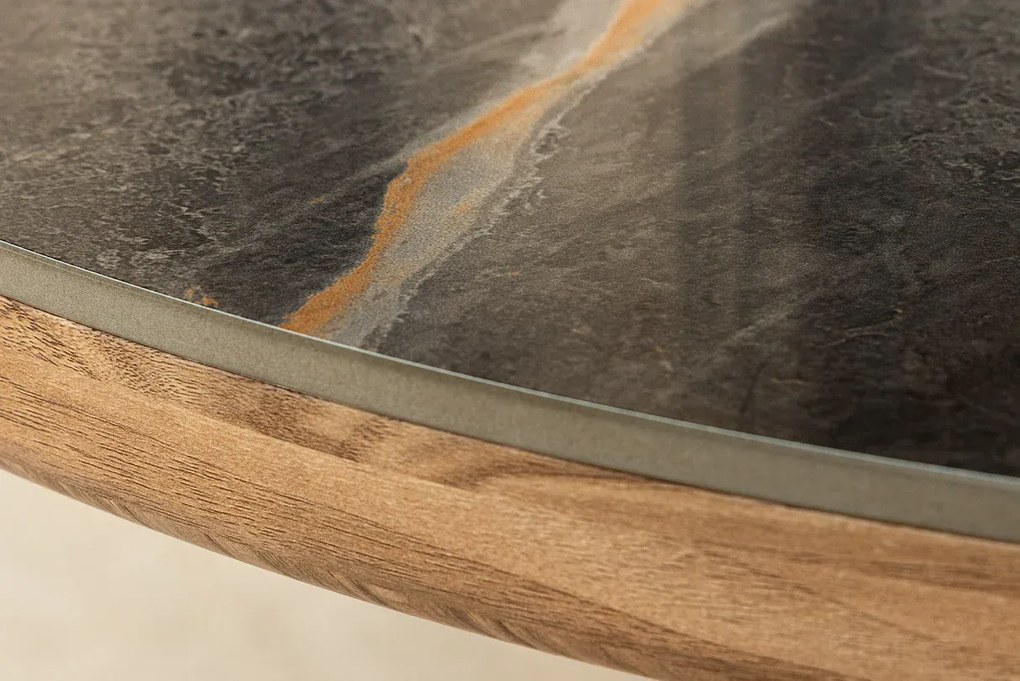 Jedálenský stôl UNIQUE 200 cm oválny rám z orechového dreva s dyhovanou keramickou doskou z sivej mramorovej dosky