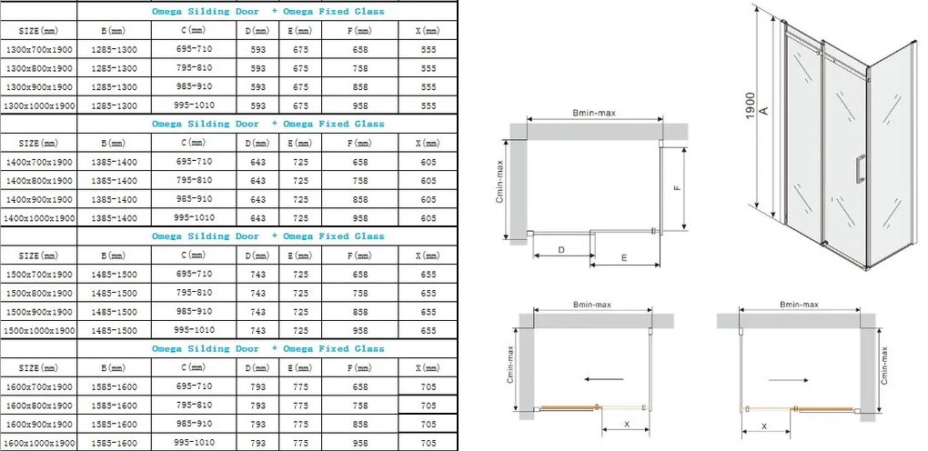 Mexen Omega, sprchovací kút s posuvnými dverami 160 (dvere) x 70 (stena) cm, 8mm sklo, chrómový profil-šedé sklo, 825-160-070-01-40