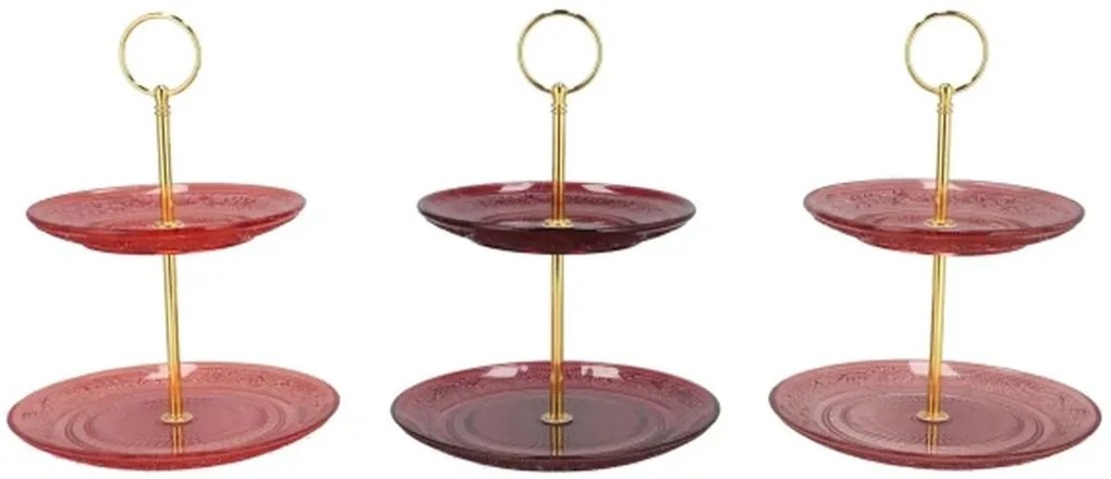 3ks sklenený 2-poschodový etažér Dayah ružová mix - Ø 18/ Ø 15*24 cm