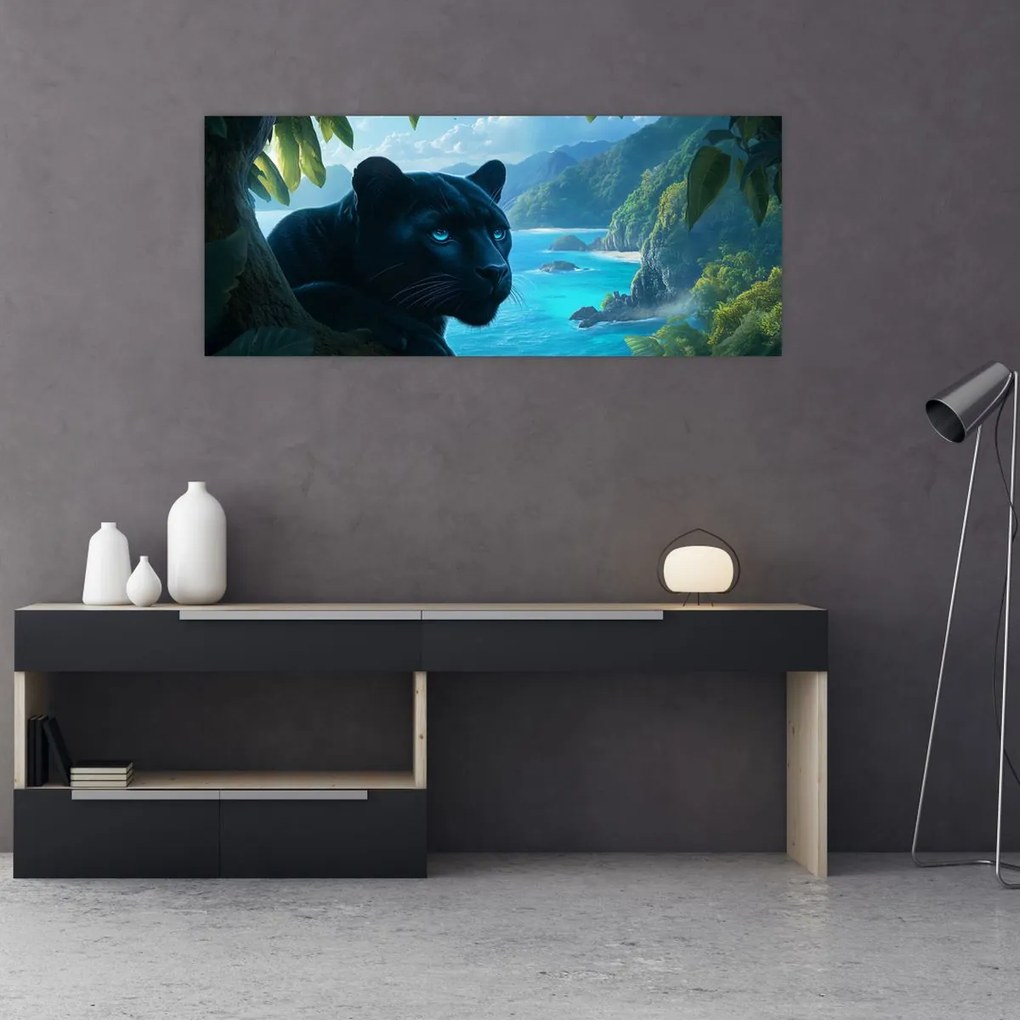 Obraz - Čierny panter v džungli (120x50 cm)
