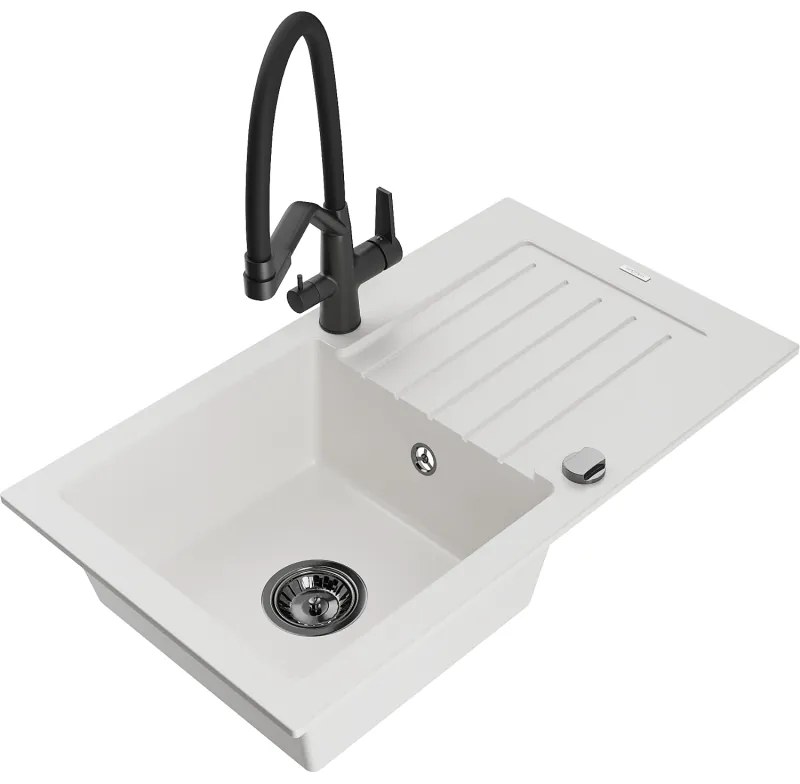 Mexen Pablo, granitový drez 752x436x161 mm, 1-komorový a drezová batéria Duo, biela, 6510-20-671701-70-B