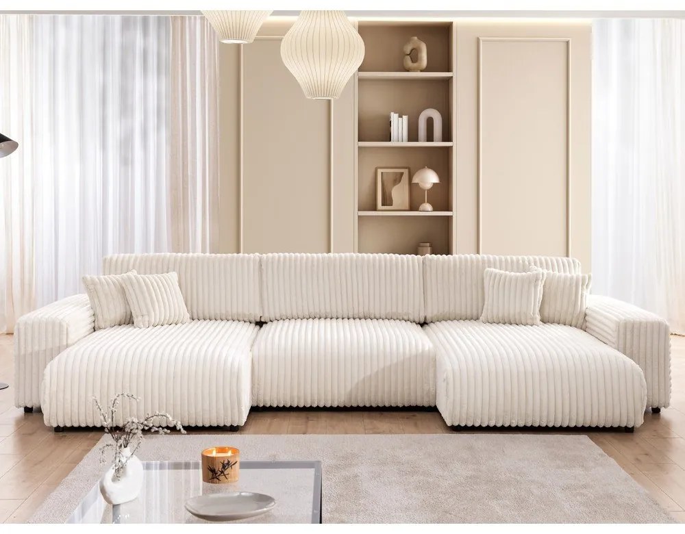 Krémová menčestrová rozkladacia/s úložným priestorom rohová pohovka (do tvaru "U") Sarina – Ropez