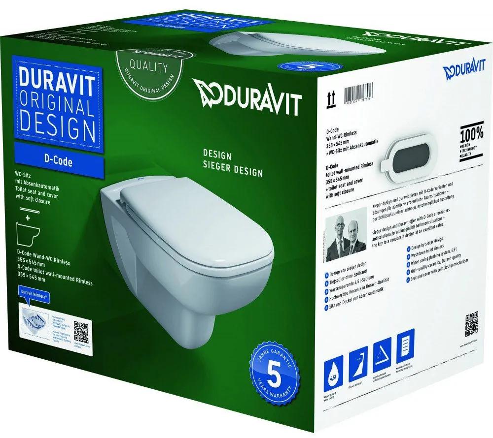 DURAVIT D-Code závesné WC Rimless s hlbokým splachovaním, 355 x 545 mm, biela + sedátko so sklápacou automatikou (SoftClose), 45700900A1