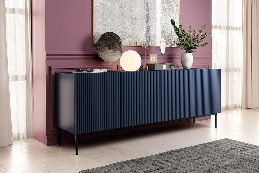 Komoda Nicole 200 cm - námornícka modrá MDF / čierne nožičky