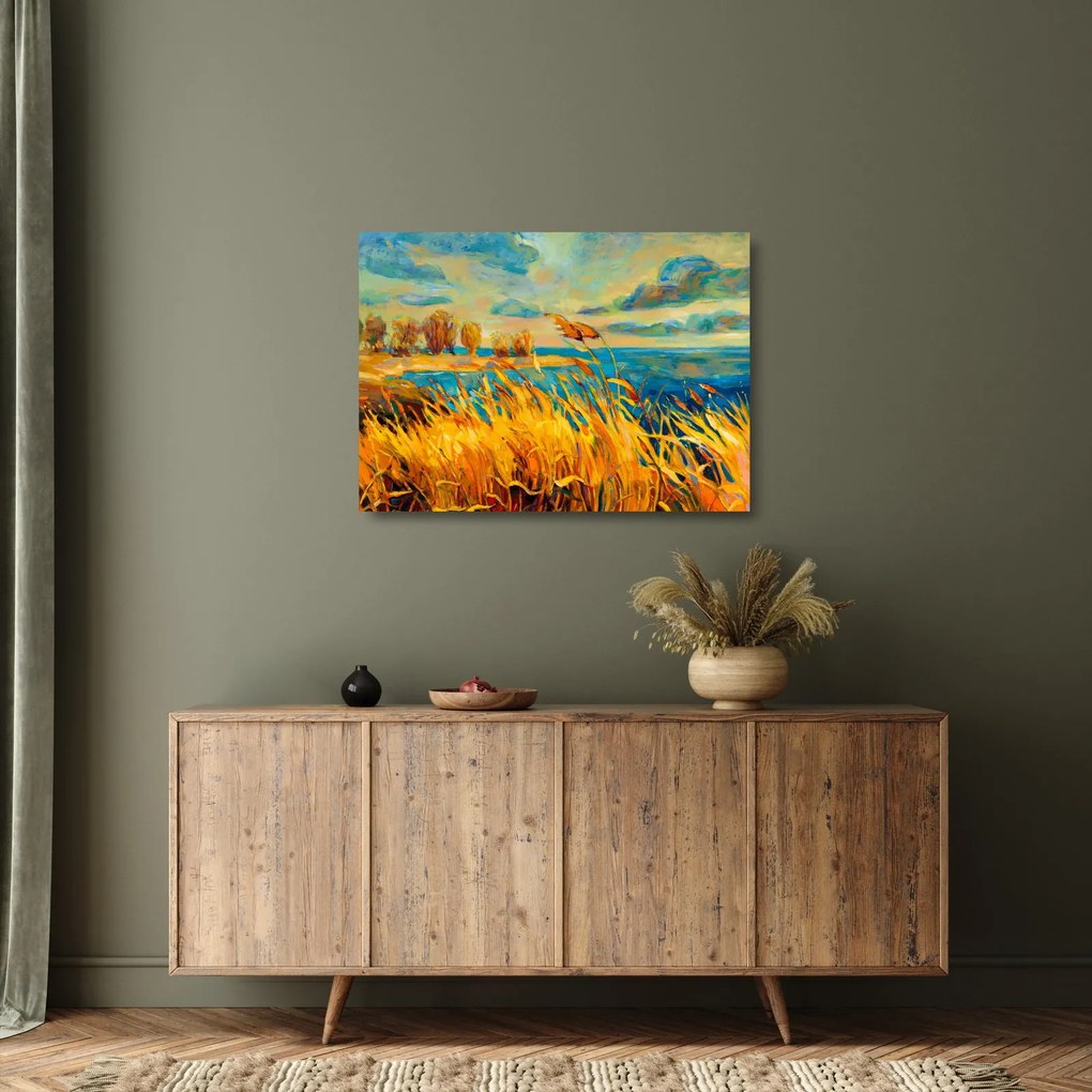 Sklenený obraz - Západajúce slnko nad jazerom, akrylová maľba (70x50 cm)