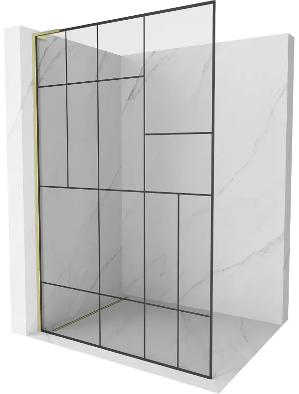 Mexen Kioto L, sprchová zástena Walk-In 70 x 200 cm, 8mm číre sklo čierny vzor, zlatý matný profil, 800-070-103-55-78