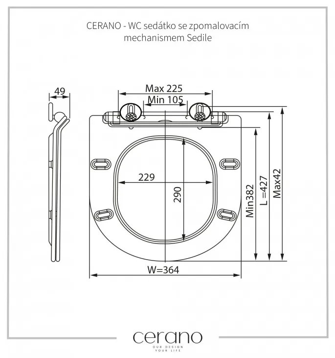 Cerano Verde, závesná WC misa Rimless 490x360x370 mm + UF toaletné sedátko, čierna matná, CER-CER-417350