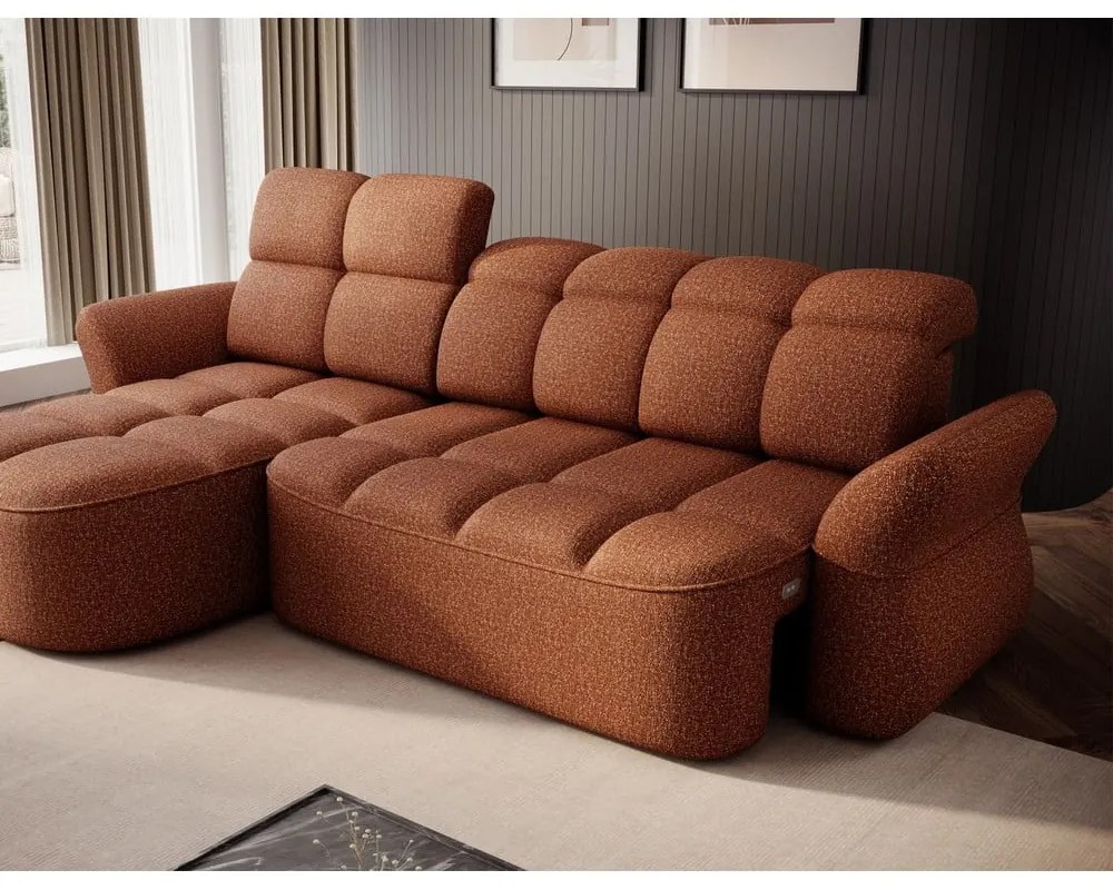 Terakotová zamatová rozkladacia/s úložným priestorom rohová pohovka (ľavý roh/s leňoškou) Beneth – ELTAP