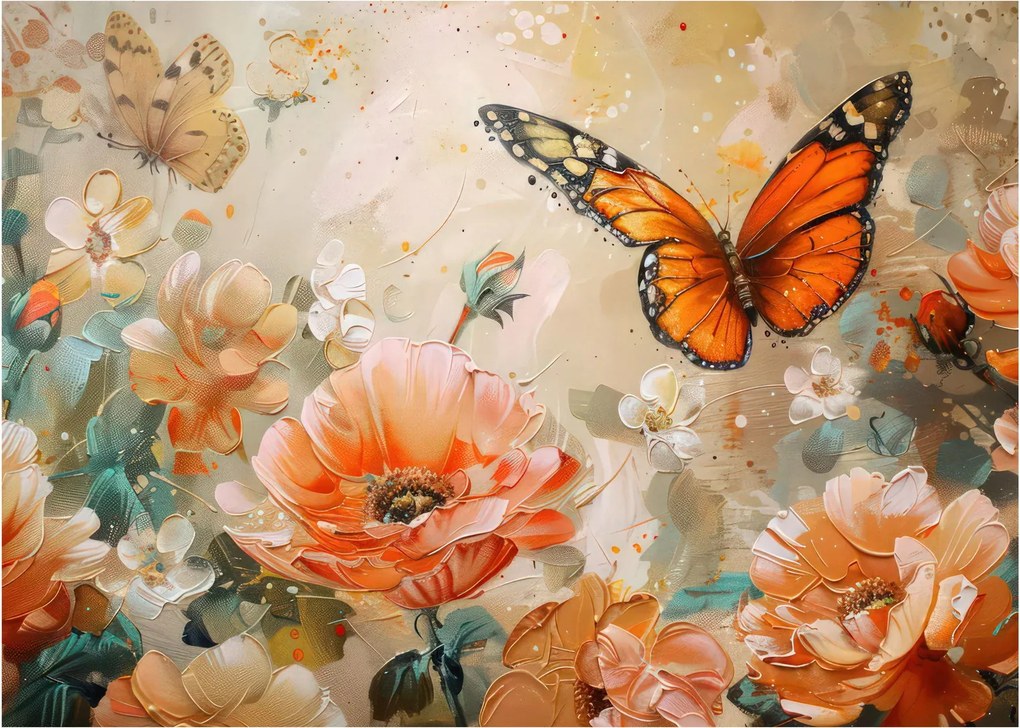 Obraz - Motýľ a kvety, olejomaľba (70x50 cm)