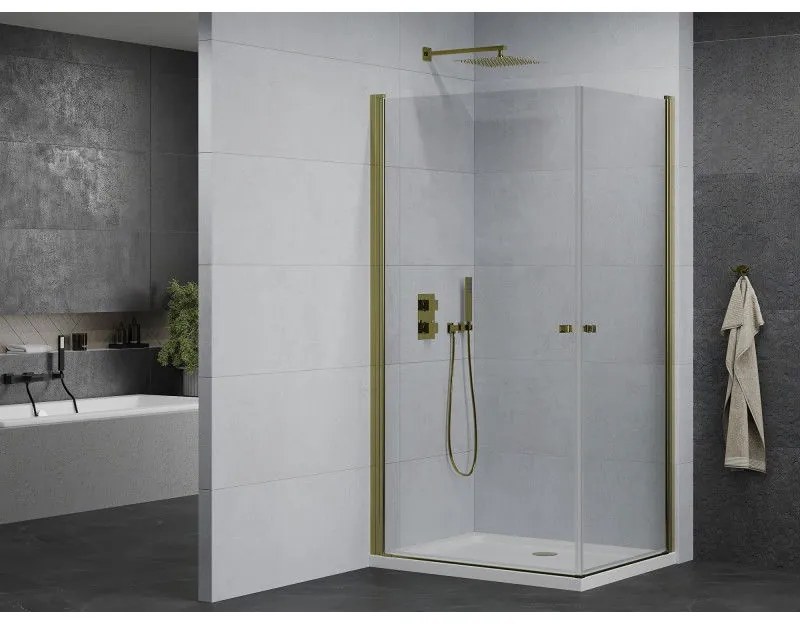 Mexen Pretoria Duo, sprchovací kút s 2-krídlovými dverami 80 (dvere) x 70 (dvere) cm, 6mm číre sklo, zlatý profil + slim sprchová vanička 5cm biela so zlatým sifónom, 852-080-070-50-02-4010G