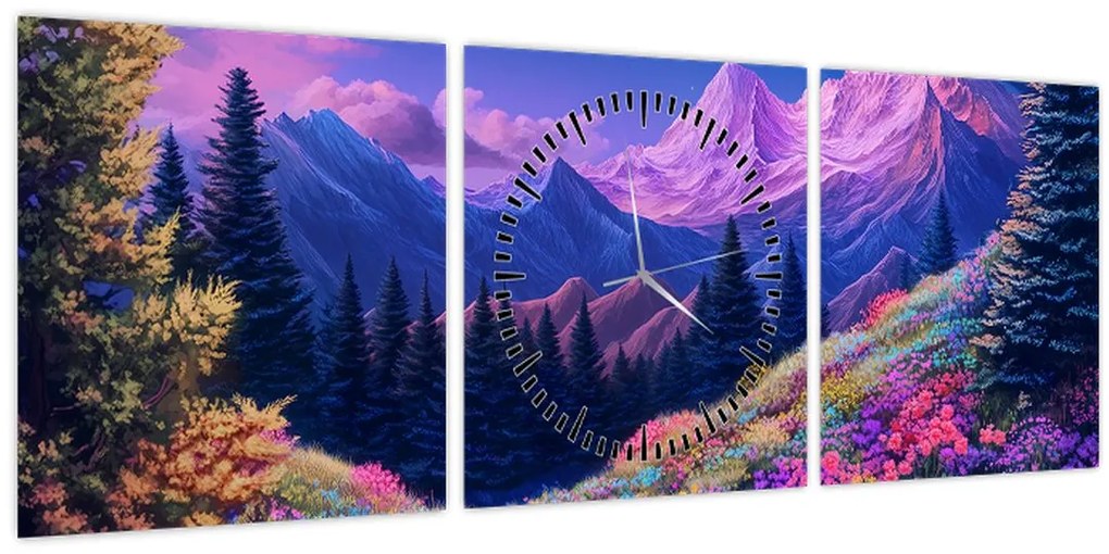 Obraz - Fialová krajina pri úplnku (s hodinami) (90x30 cm)