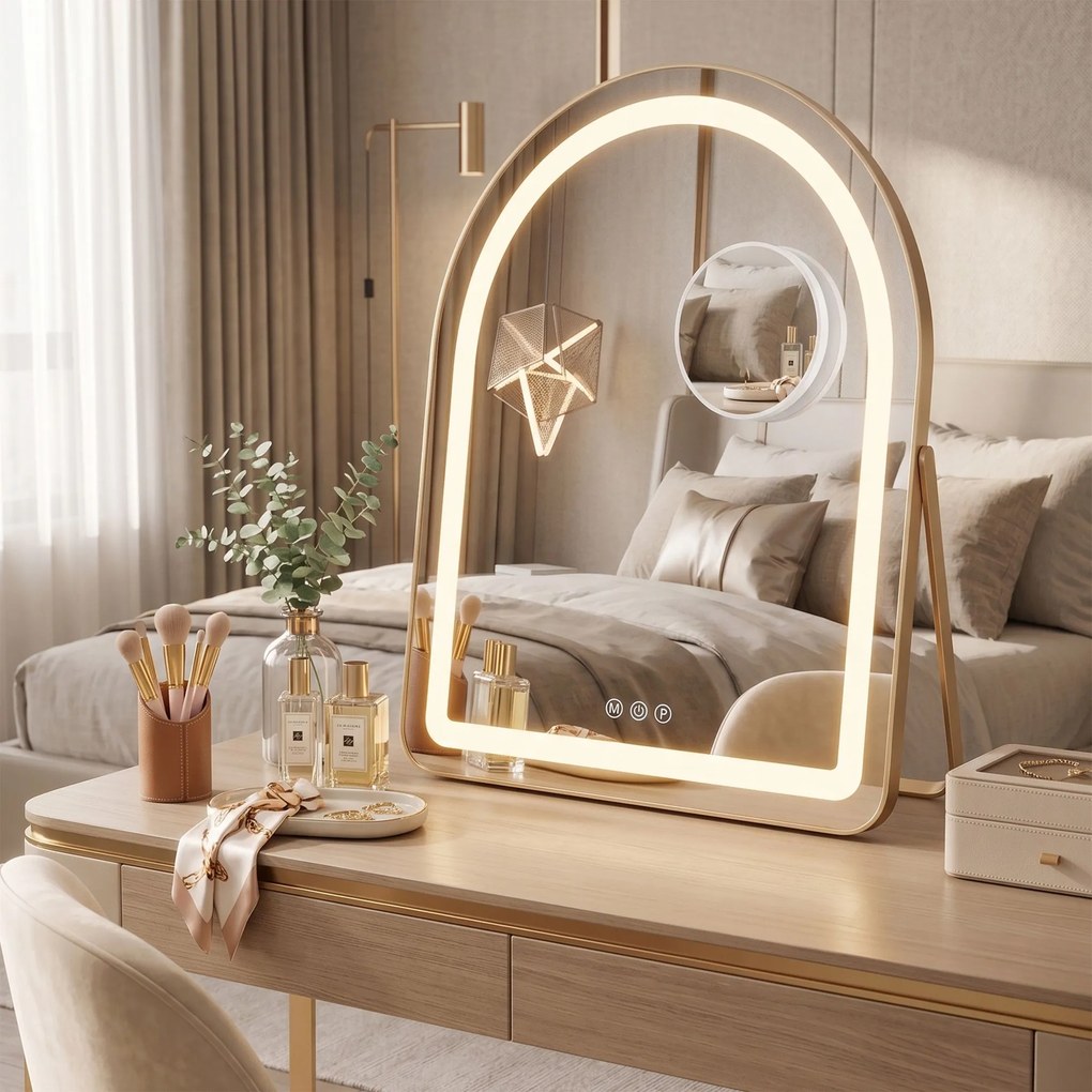 Rea GLAM, kozmetické LED zrkadlo 40x45cm, zlatá lesklá, HOM-01807