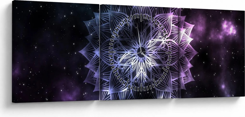 Obraz - Lotusová mandala vo vesmíre (s hodinami) (90x30 cm)
