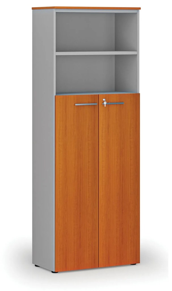 Kombinovaná kancelárska skriňa PRIMO GRAY, dvere na 4 poschodia, 2128 x 800 x 420 mm, sivá/čerešňa