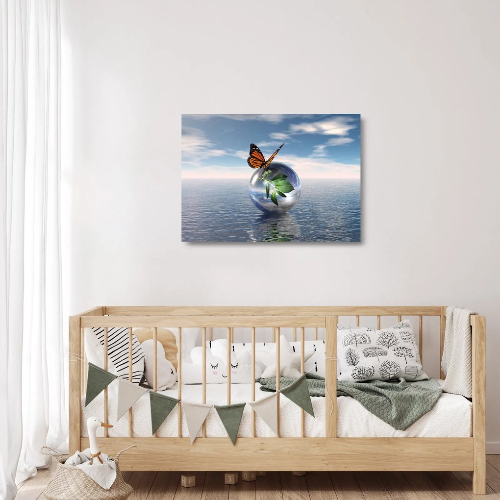 Sklenený obraz motýľa na sklenenej guli (70x50 cm)