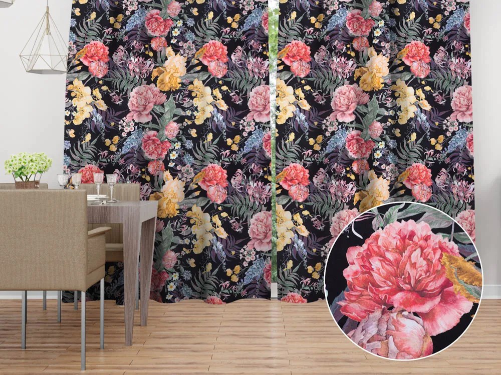 Biante Zamatový záves Tamara TMR-019 Záhradné kvety na čiernom 145x240 cm