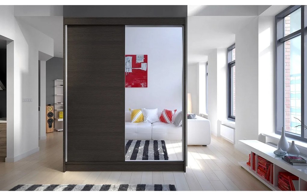 Skriňa s posuvnými dverami Belgia I, Farby: biela / čierna + zrkadlo, Osvetlenie: osvetlenie LED RGB - farebné