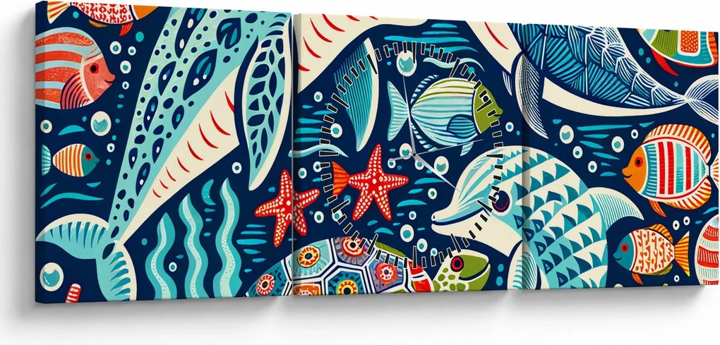 Obraz – Kreslené vodné zvieratká (s hodinami) (90x30 cm)