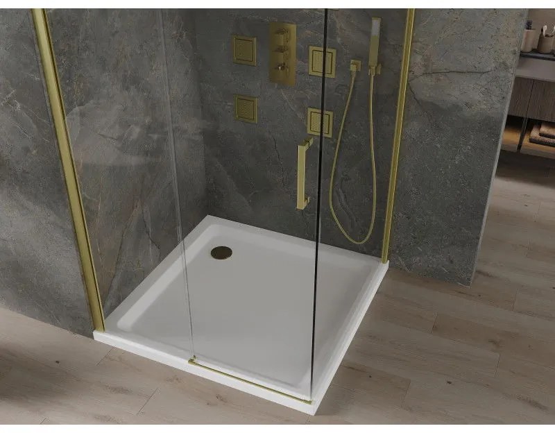 Mexen Omega, sprchovací kút s posuvnými dverami 100 (dvere) x 100 (stena) cm, 8mm číre sklo, zlatý profil + slim sprchová vanička 5cm, 825-100-100-50-00-4010
