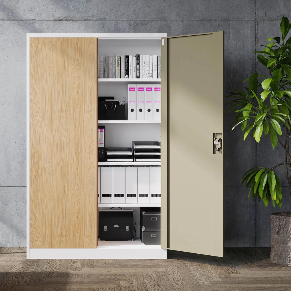 Kancelárska kovová skrinka na dokumenty JAN II, Eco Design: biela/dub sonoma