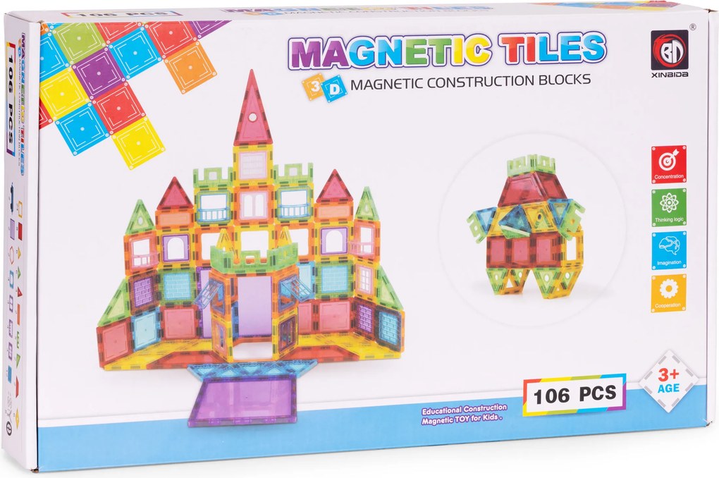 MULTISTORE Magnetické stavebné kocky 106 dielov – kreatívna stavebnica s kolieskami pre deti 3+