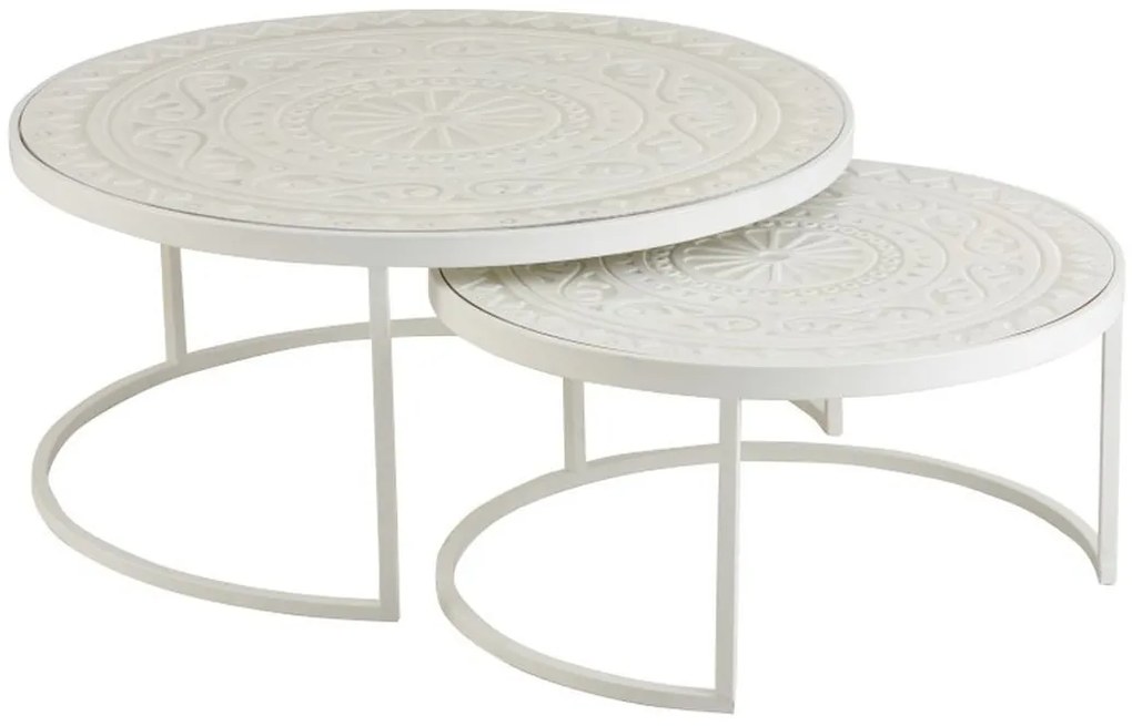 Set 2 bielych kovových stolíkov s ornamentovou doskou - Ø79 * 36 cm