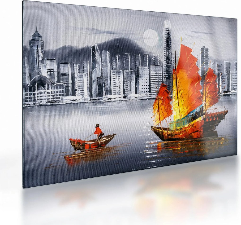 Sklenený obraz - Victoria Harbor, Hong Kong, čiernobiela olejomaľba (70x50 cm)