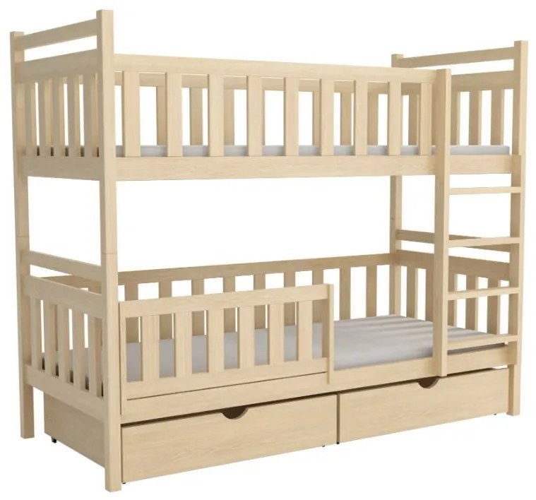 Detská poschodová posteľ z masívu borovice KAREL so šuplíkmi - 200x90 cm - PRÍRODNÁ BOROVICA