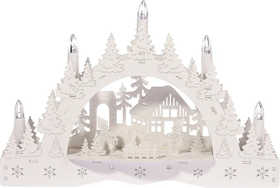 Vianočný LED svietnik Zimná krajina, chalúpka a snehuliak, 35 x 23 x 7,5 cm